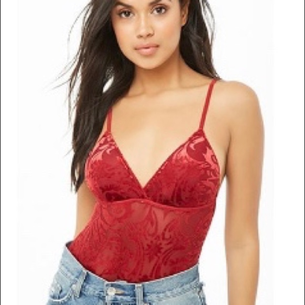 Red burnout velvet bodysuit